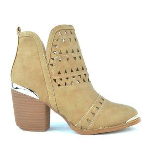 Nude Women's Slip On Round Toe Chunky Heel Bootie